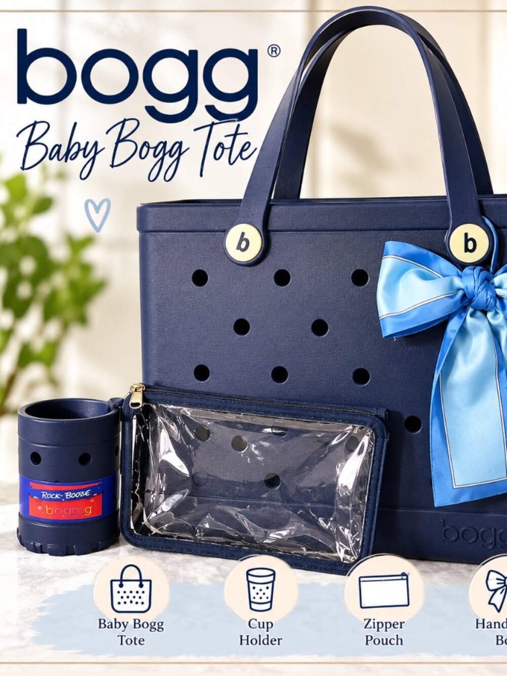 Bogg Baby Tote Navy Blue Complete Set + Handmade Blue Bow